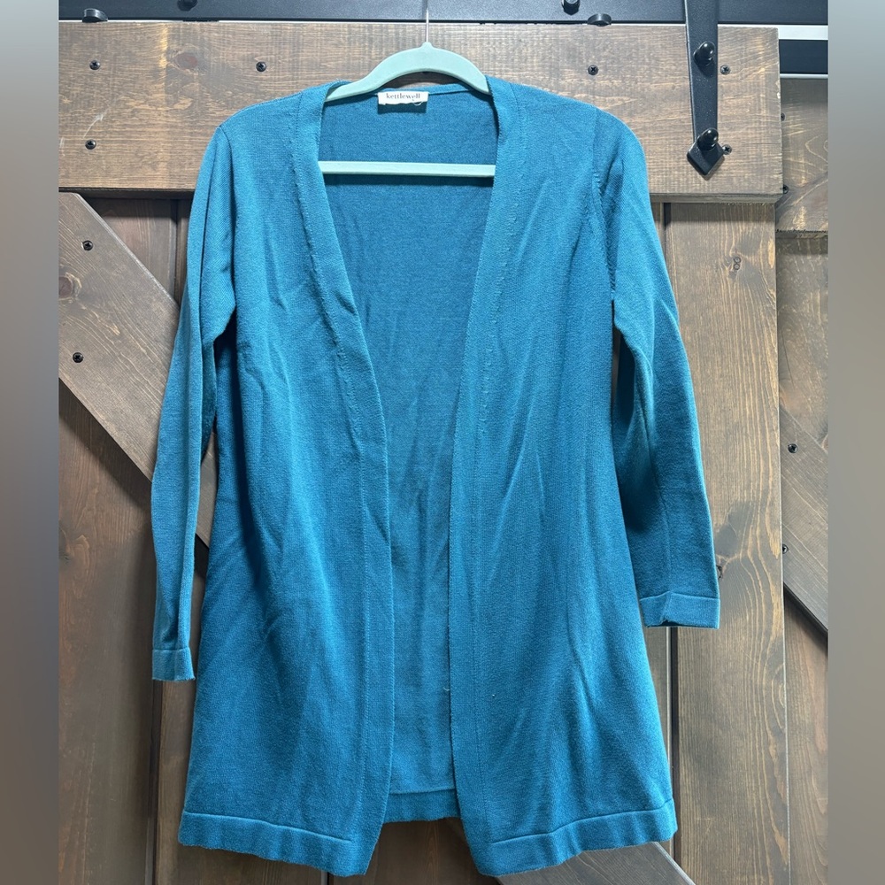 Kettlewell Indian Teal Open-Front Cardigan Sweater size small.